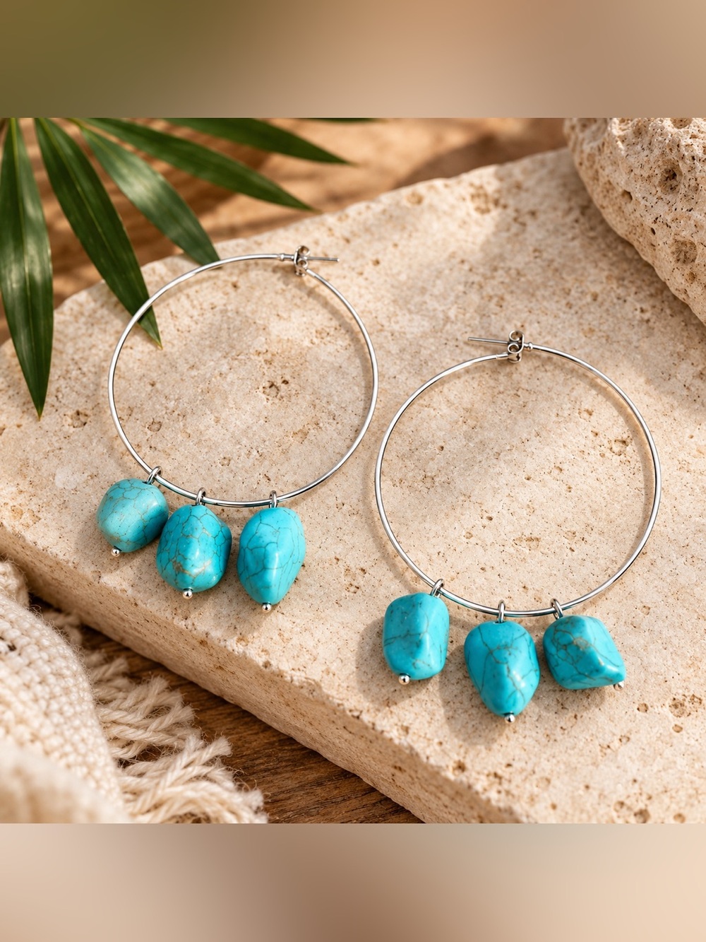 2/$30🌵 Western Chunky Faux Turquoise Stone Earrings Silver Hoop Southwestern